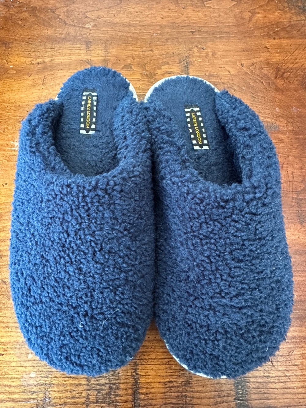 Laines London Navy Blue Faux Fur Slippers Women Size Large with Silver Trim